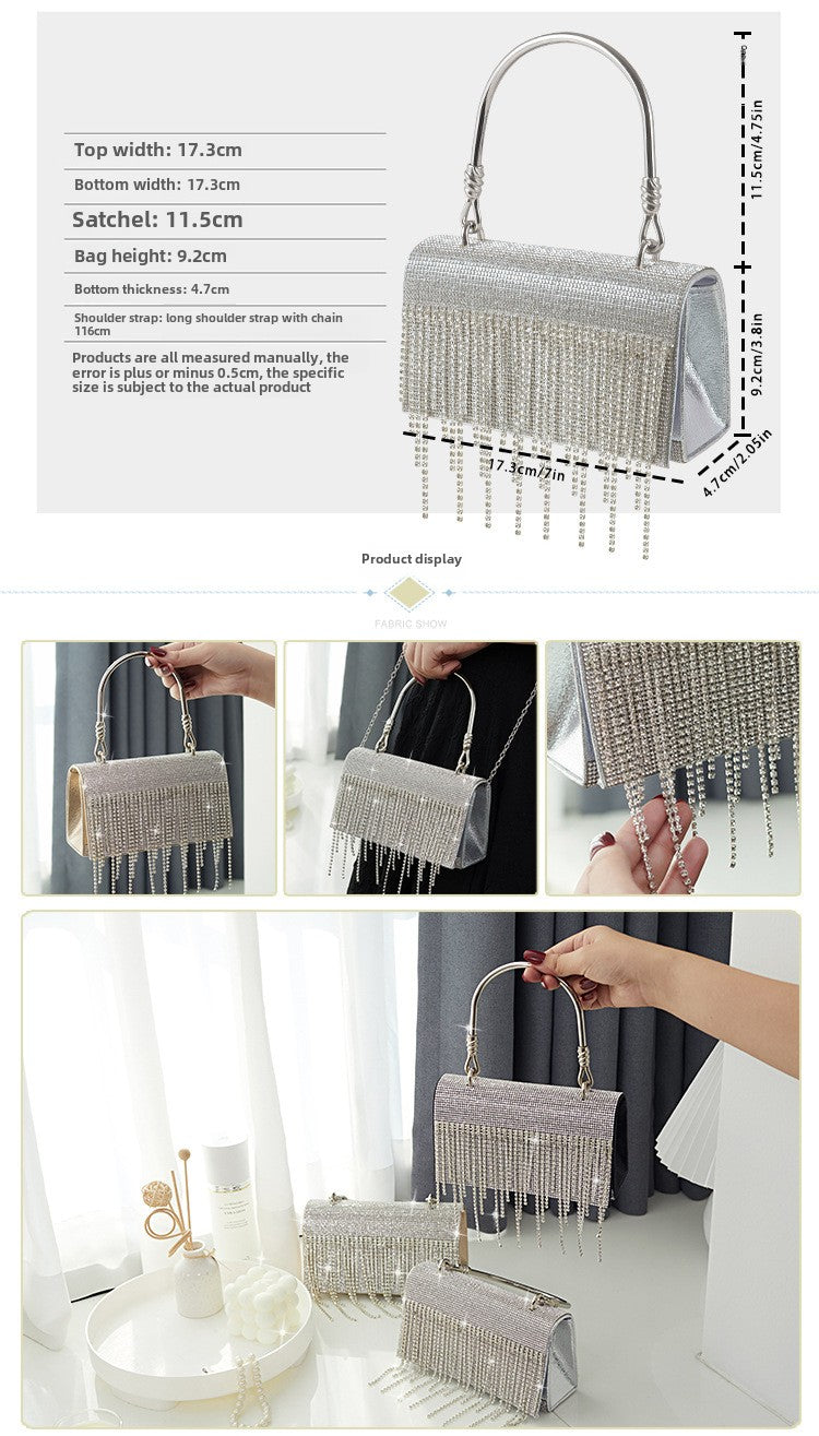 GlitteringTassel Rhinestone Small Square Bag Evening Dinner Bag Party Bag Metal Tote Bag Cosmetic Bag