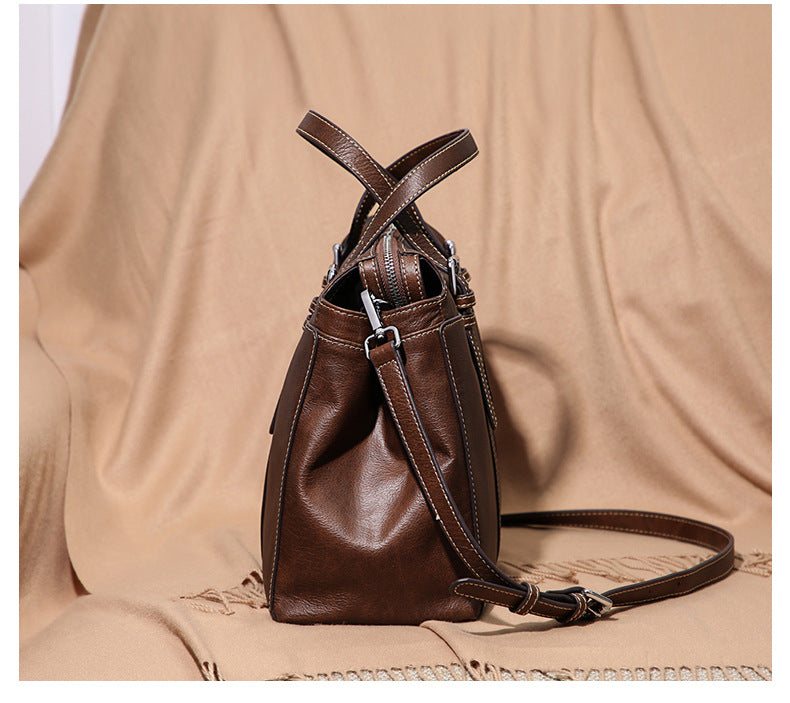 Genuine leather tote bag for women retro one-shoulder portable big purse