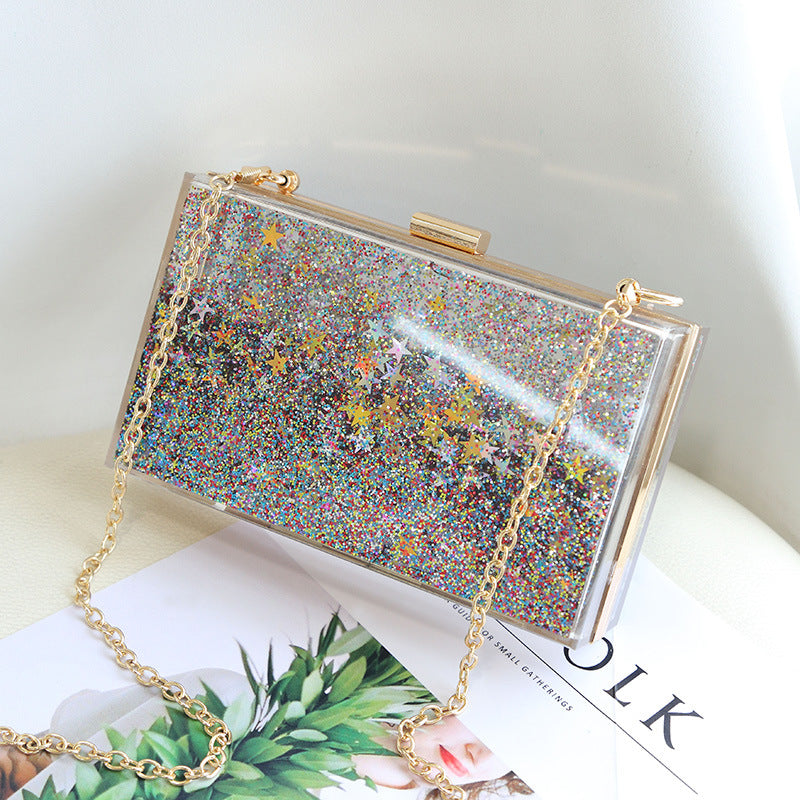 Womens Transparent Sequins Chain Clutch Evening Handbag Party Cross-body Purse