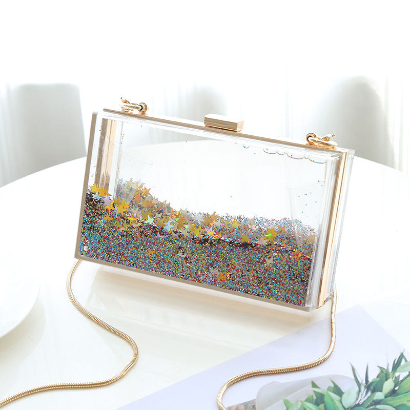 Womens Transparent Sequins Chain Clutch Evening Handbag Party Cross-body Purse