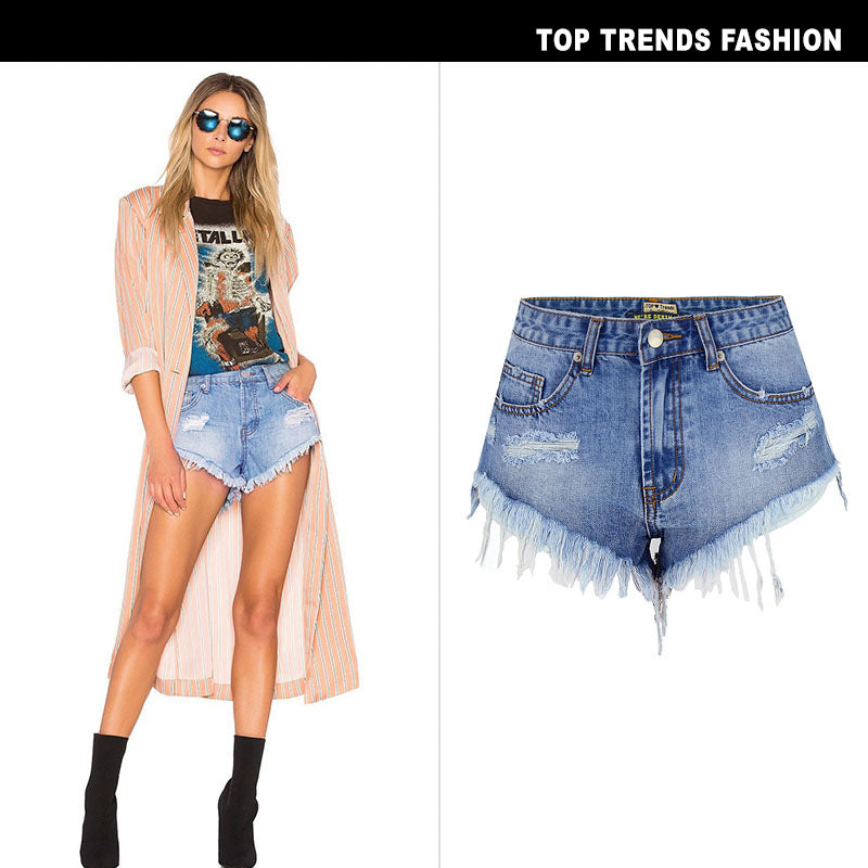 Women's Ripped Denim Summer Jean Shorts High Rise Hem Jeans Shorts