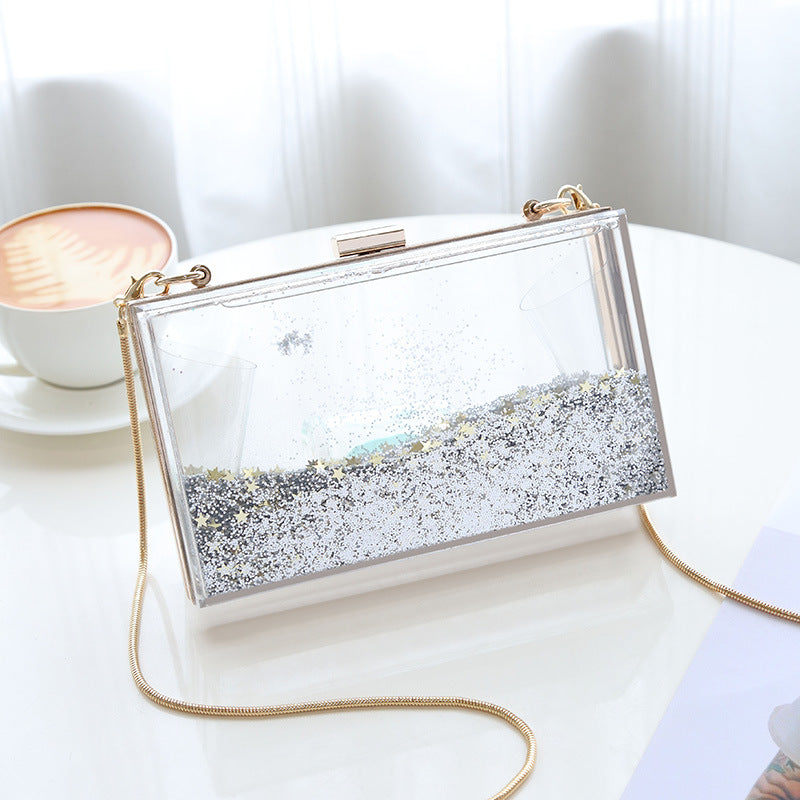 Womens Transparent Sequins Chain Clutch Evening Handbag Party Cross-body Purse