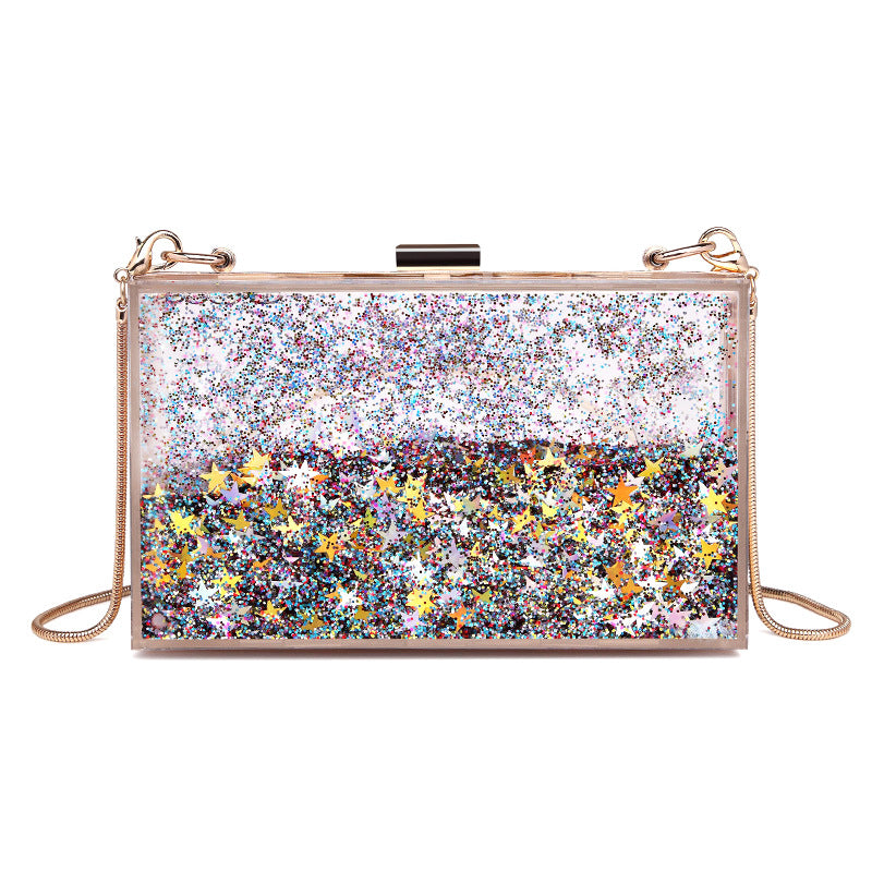 Womens Transparent Sequins Chain Clutch Evening Handbag Party Cross-body Purse