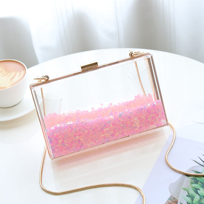 Womens Transparent Sequins Chain Clutch Evening Handbag Party Cross-body Purse