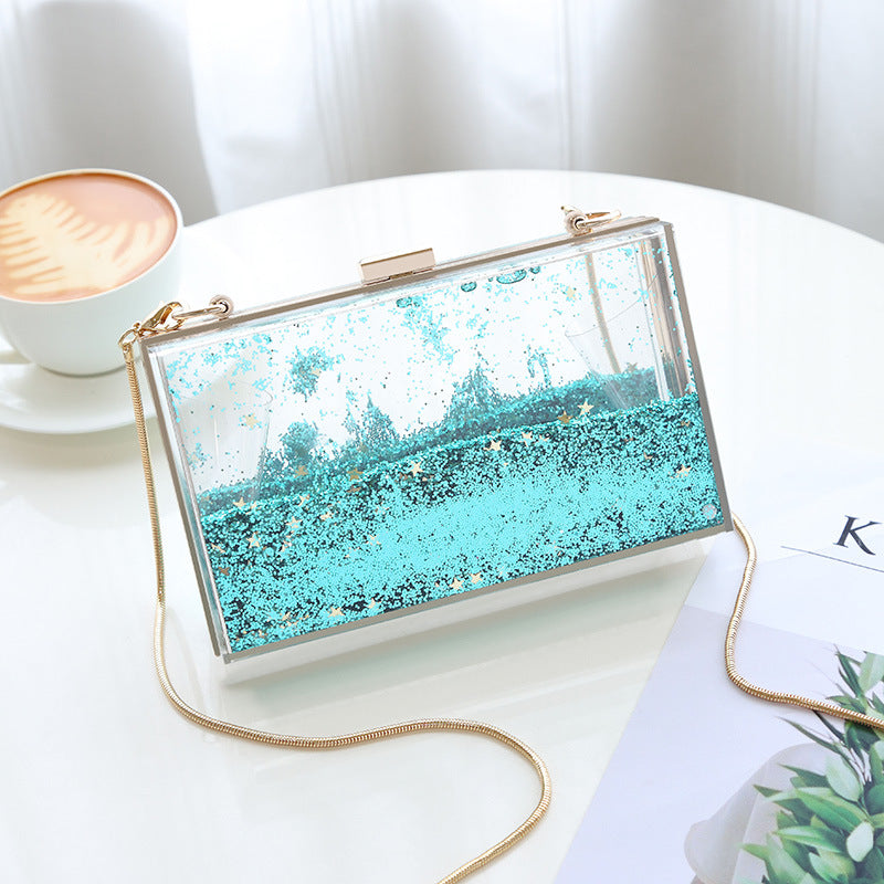 Womens Transparent Sequins Chain Clutch Evening Handbag Party Cross-body Purse