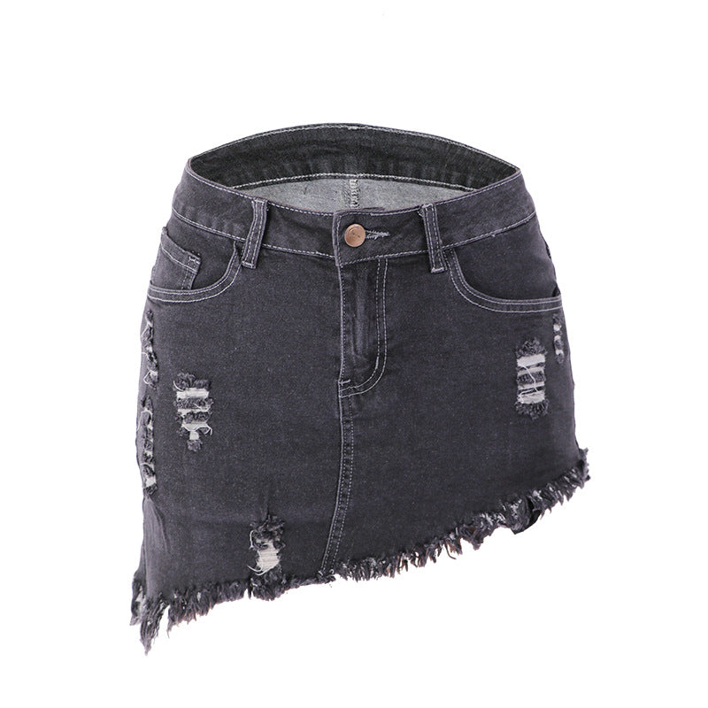 Western Style women's Short Wear Irregular Jeans With holes denim skirt for summer