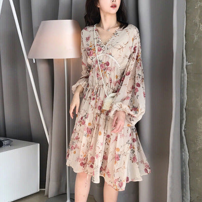 Women's Summer Boho Floral Chiffon Printing V-Neck Short Casual Party Dress