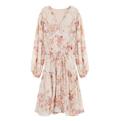 Women's Summer Boho Floral Chiffon Printing V-Neck Short Casual Party Dress