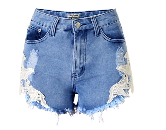 Women's Cutoff Pocket Distressed Ripped Jean Denim Shorts Lace Beach Vacation Bohemian Western Hot Pants