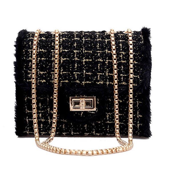 Small chain bag lock closure 2022 autumn and winter with synthetic fur decoration X9178