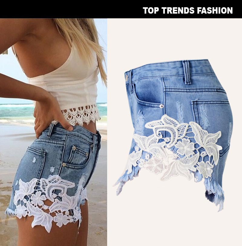 Women's Cutoff Pocket Distressed Ripped Jean Denim Shorts Lace Beach Vacation Bohemian Western Hot Pants