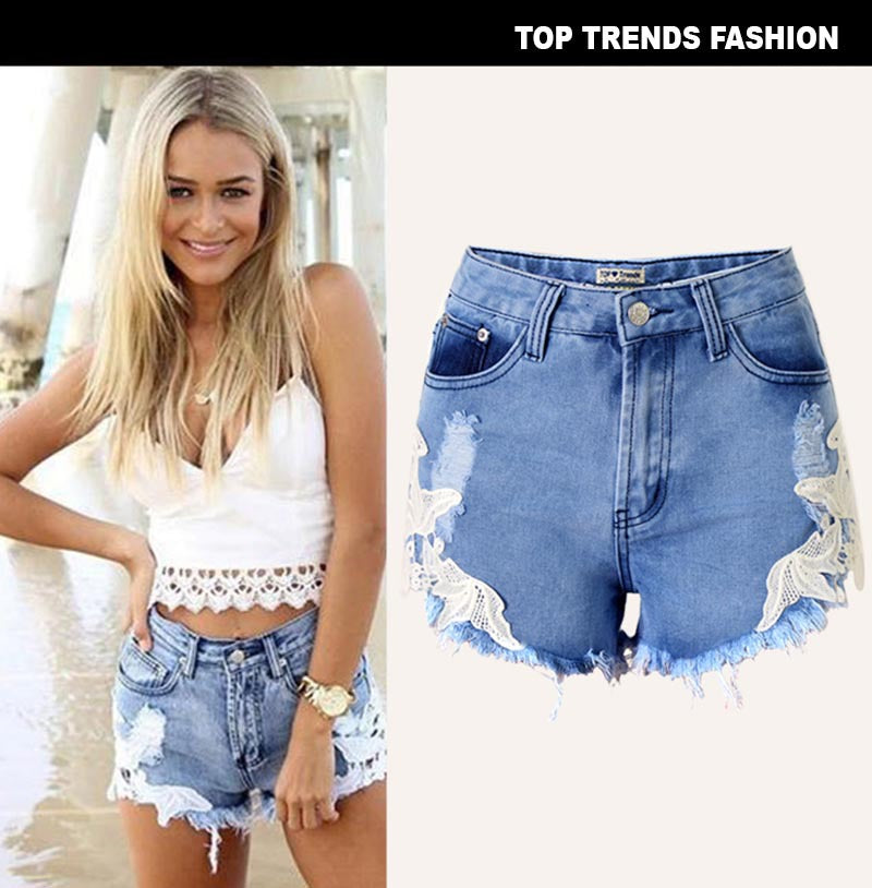 Women's Cutoff Pocket Distressed Ripped Jean Denim Shorts Lace Beach Vacation Bohemian Western Hot Pants