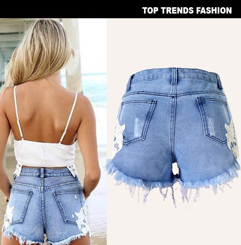 Women's Cutoff Pocket Distressed Ripped Jean Denim Shorts Lace Beach Vacation Bohemian Western Hot Pants