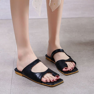 Women's Open Square Toe Separate Flat Heel Sandals Slip On Slipper Casual Shoes