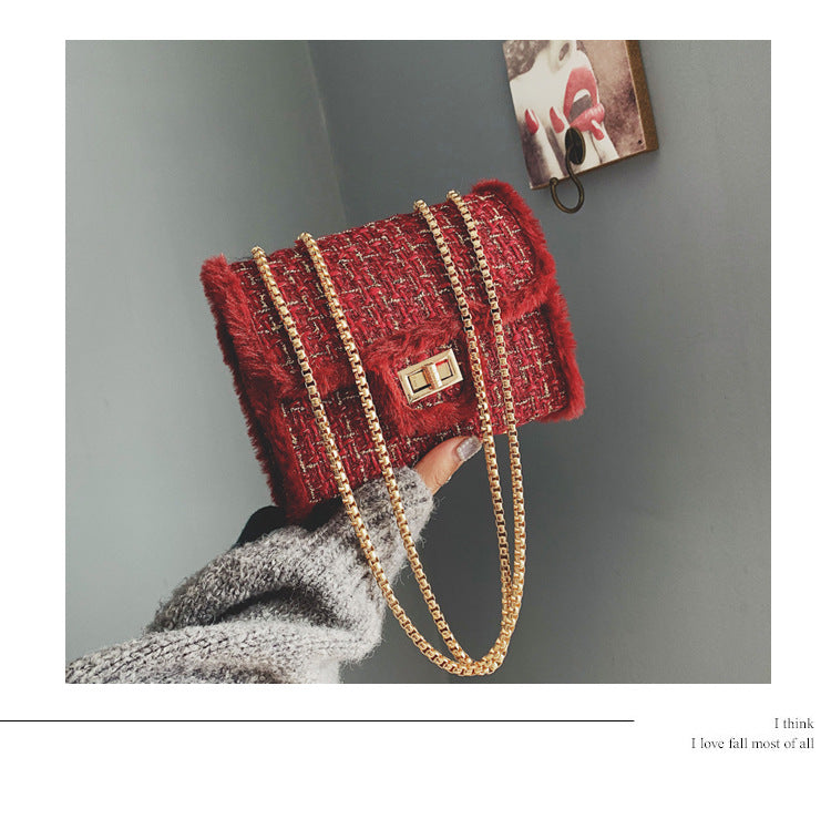 Small chain bag lock closure 2022 autumn and winter with synthetic fur decoration X9178