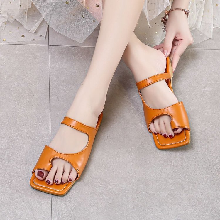 Women's Open Square Toe Separate Flat Heel Sandals Slip On Slipper Casual Shoes