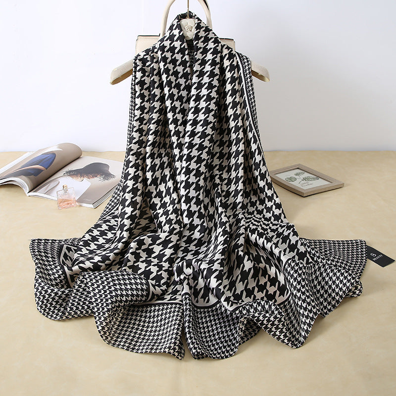 Vegan Silk scarf female classic wild houndstooth print long scarf holiday literary beach towel shawl