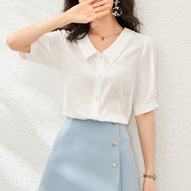 Chiffon Shirt for Women Summer Loose Collar Formal Wear White Shirt  SK08210503