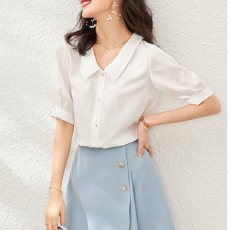 Chiffon Shirt for Women Summer Loose Collar Formal Wear White Shirt  SK08210503