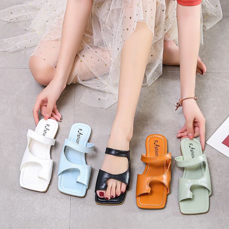 Women's Open Square Toe Separate Flat Heel Sandals Slip On Slipper Casual Shoes